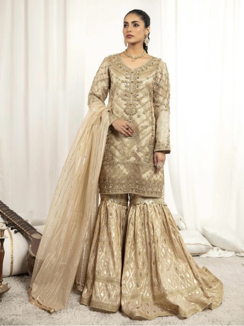 Elegant Embroidered and bead and stone work Beige and Gold Outfit